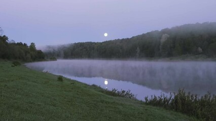 Poster - River with the moon reflected in the water. Cloudy sky, early morning morning, calm and peaceful atmosphere, birdsong