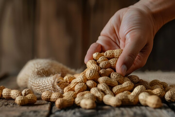 A hand grabbing a peanut from a pile on the table