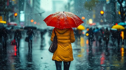 person clad in yellow coat red umbrella stands out in solitude amidst blur of bustling city life