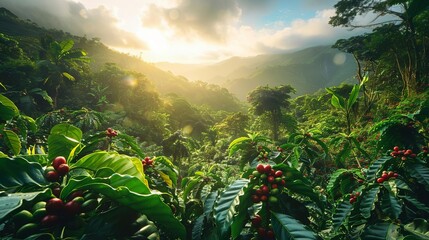 Canvas Print - lush coffee plantation with ripe red cherries on trees tropical forest landscape