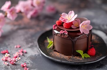 Wall Mural - Elegant Chocolate Cake Garnished with Berries and Flowers on a Dark Background