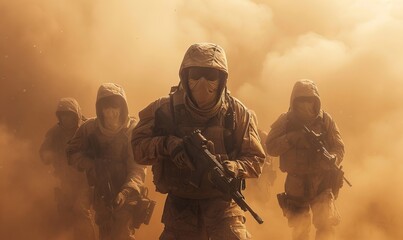 Several modern soldiers fully equipped facing the camera in a dusty and smoggy environment, Generative AI