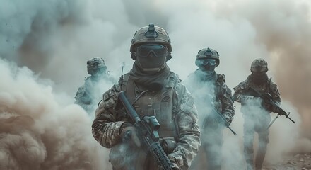 Several modern soldiers fully equipped facing the camera in a dusty and smoggy environment, Generative AI