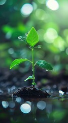 Canvas Print - Young plant sprouting from soil with water droplets