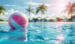 © Image Ink Well - Summer holidays background with colorful beach ball floating on luxury swimming pool and copy space, Generative AI