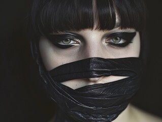 Poster - Portrait of a woman with dramatic makeup and covered mouth