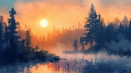 Wall Mural - tranquil sunrise over misty lake with silhouettes of majestic trees in the foreground serene nature landscape digital painting