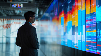 Poster - a businessman looking at sales data statistics on big screen in modern office
