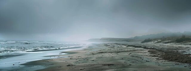 Poster - foggy, raining morning, new england coastline, clean line, textured paper