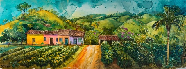 Poster - water color, long shot, colorful, Mexican coffee farm