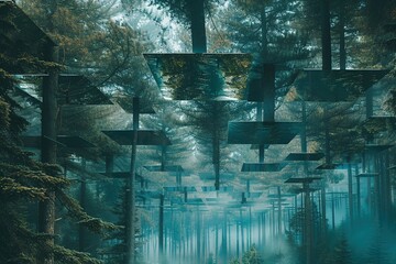 Sticker - A dreamlike vision of a forest where trees grow horizontally in the air