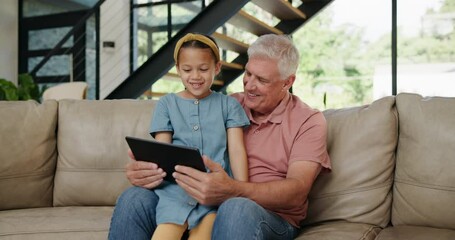 Poster - Girl, grandpa or tablet as gaming, app or technology as online, learning or fun on sofa in home. Happy, elderly man or child at touch screen to play, browse or laugh in elearning, bonding or together