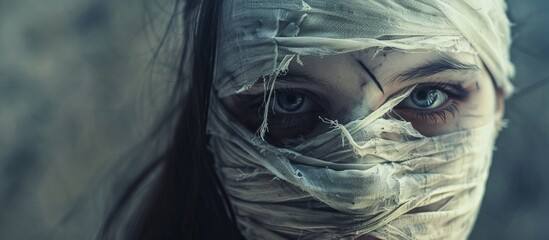 Wall Mural - A woman with a white bandage wrapped around her head, covering part of her face, possibly after an injury or surgery