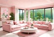Chic pink-walled living room with sleek white furnishings, Stylish contrast: pink walls set the scene for airy white furniture in a living room, Bright and inviting living room with pink walls.