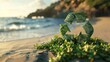 Green recycle symbol or eco sign on the beach and blurred sea background, sustainability and protect enviornment concept. hyper realistic 
