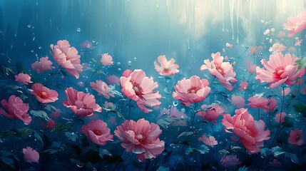 Wall Mural - Illustrate an underwater floral scene as if flowers were submerged and swaying under water