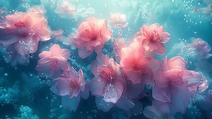 Wall Mural - Illustrate an underwater floral scene as if flowers were submerged and swaying under water