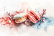 A spring palette of macaroons flowers on a watercolor background. Light background with macaroons and flowers.