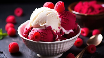 Wall Mural - Bowl of Raspberry Ice Cream with Fresh Berries