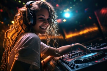 Female DJ entertainment headphones smiling.