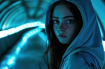 Wall Mural - Portrait of a Young Woman in a Hoodie with Neon Lights