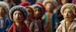 Rows of multiethnic and transnational handmade figures, souvenirs of traditional handmade dolls in elegant outfits, conceptual art showing the diversity of people around the world. Generative AI