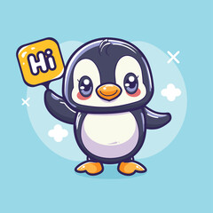 Wall Mural - Cute penguin holding hi sign flat vector illustration