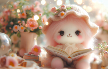 Cute doll reading a book on bokeh background, copy space