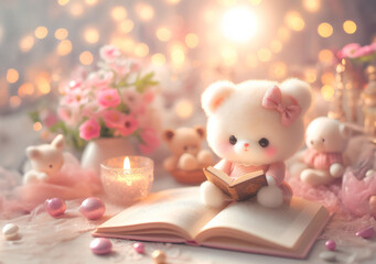 Wall Mural - Cute doll reading a book on bokeh background, copy space