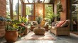 © porpia - A tranquil conservatory bathed in natural sunlight, showcasing an array of lush indoor plants and cozy wicker furniture for relaxation.