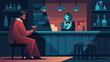 In a dimly lit speakeasy a lone figure sits at the bar nursing a drink and pouring their heart out to the sympathetic bartender.. Vector illustration