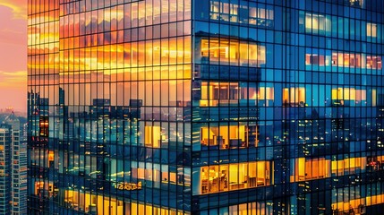 Wall Mural - A high-rise office building at sunset with lights from windows