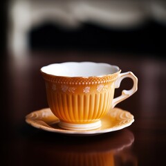 Poster - a yellow teacup and saucer on a table