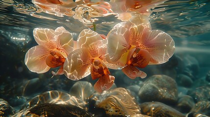 Wall Mural - illustrate an underwater scene where delicate orchids float gently in a shallow stream
