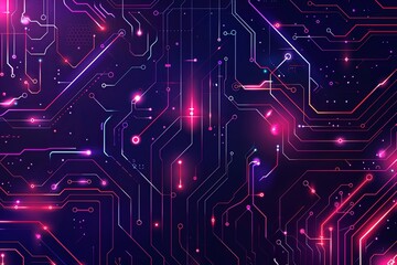 Poster - A computer circuit board is shown with pink and blue lights glowing on it. Generative AI