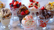ice cream sundae bar with a variety of flavors and toppings, including white ice cream, chocolate a