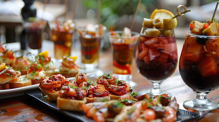 tapas night at a restaurant featuring a variety of drinks in tall glasses, including a clear glass,