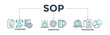 © Gravisio - SOP banner web icon concept for the standard operating procedure with an icon of instruction, quality, manual, process, operation, sequence, workflow, iteration, and puzzle. Vector illustration