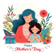 Happy Mother's Day vector illustration, floral, mom, child with white background.