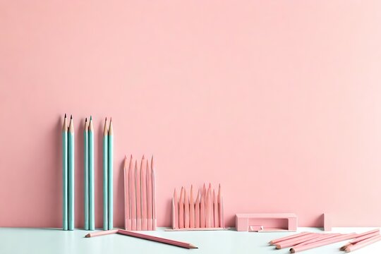 Creative office and school equipment painted in pastel pink color. Collection of graffiti pencils leaning on the wall. Back to school and back to office concept. Minimal aesthetic.