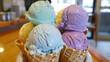 ice cream parlor offers a variety of flavors of ice cream, including white, pink, and blue, served