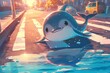 cute and happy cartoon dolphins on the street