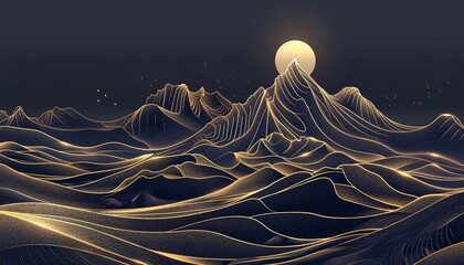 Wall Mural - landscape wallpaper design with Golden mountain line arts, luxury background design for cover, invitation background, packaging design, fabric, and print. Vector illustration.