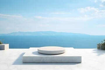 Poster - 3d illustration of a marble   circle podium stand on the nature  background . 3d rendering. Minimalism geometry background , generated by AI.