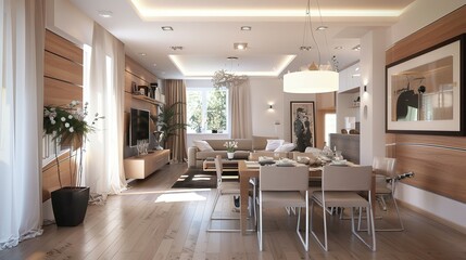 Wall Mural - Modern Serenity: White and Brown Interior for Dining and Living