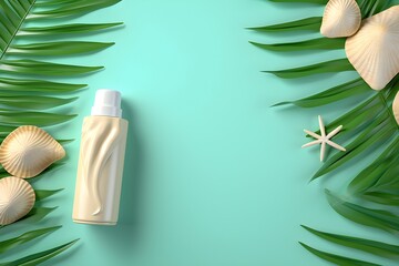Poster - Tropical blue background with leaves and shells cosmetic product mockup, generated by AI.