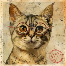 Vintage Postage Stamp Cat Glasses Mammal Animal.