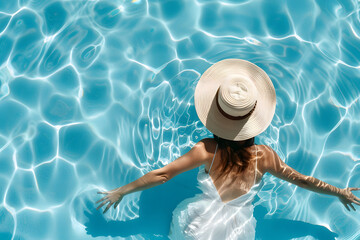 Wall Mural - Top view of beautiful woman earing sunhat relaxing in swimming pool