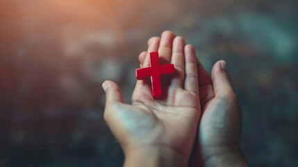 Wall Mural - Woman's hand with cross. Concept of hope, faith, christianity, religion, church online. religion Concept .pray for blessings in the church light of happiness Path to the Land of the Gods