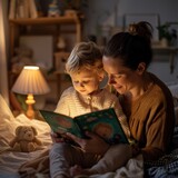 Fototapeta  - A cozy scene of a mother and her young child engrossed in a children's book, creating a warm and intimate bedtime ritual.